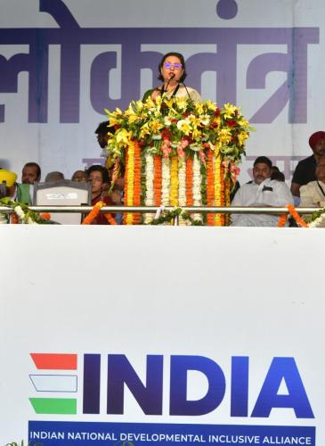 Sagarika Ghose delivering her speech on “Tanashahi versus Lokshahi” at opposition INDIA rally. Ram Lila Maidan